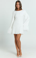 Rowella Mini Dress - Faux Feather Bell Sleeve Dress in White