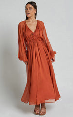Roxanna Maxi Dress - Long Sleeve Ruched Waist Dress in Rust
