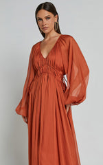 Roxanna Maxi Dress - Long Sleeve Ruched Waist Dress in Rust