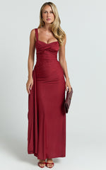 Roxanne Maxi Dress - Sweetheart Neck Gathered Bodycon Dress in Red