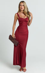 Roxanne Maxi Dress - Sweetheart Neck Gathered Bodycon Dress in Red