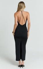 Roxanne Midi Dress - Low Cowl Open Back Slip Dress in Black
