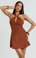Roza Mini Dress - Halter Neck Brooch Detail A Line Dress in Brown