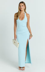 Ruby Maxi Dress - Halter Scoop Neck Low Back Bodycon Dress in Light Blue