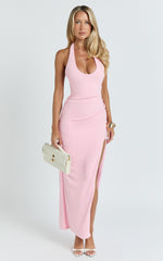 Ruby Maxi Dress - Halter Scoop Neck Low Back Bodycon Dress in Pink