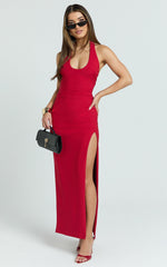 Ruby Maxi Dress - Halter Scoop Neck Low Back Bodycon Dress in Red