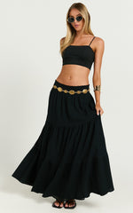 Ruby Midi Skirt - Shirred High Waist Cotton Tiered Skirt in Black