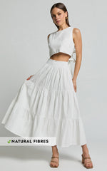 Ruby Midi Skirt - Shirred High Waist Cotton Tiered Skirt in Off White