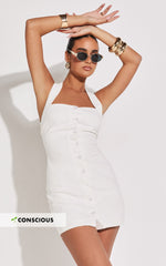 Ricki Mini Dress - Linen Halter Neck Shift Dress in White