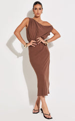 Jacqueline Midi Dress - Linen One Shoulder Dress in Chocolate