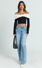 Sadie Top - Twist Off Shoulder Long Sleeve Rib Top in White/Black