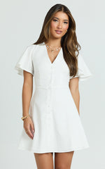 Sahar Mini Dress - Flutter Sleeve Button Through Dress in White