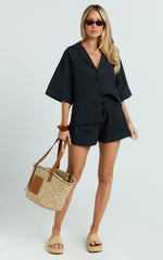 Saina Two Piece Set - Button Through Shirt and Drawstring Shorts Set in Black