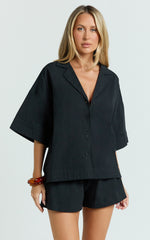 Saina Two Piece Set - Button Through Shirt and Drawstring Shorts Set in Black
