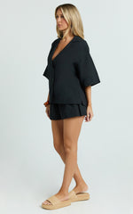 Saina Two Piece Set - Button Through Shirt and Drawstring Shorts Set in Black