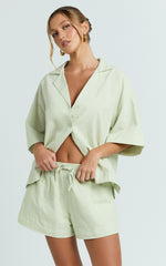 Saina Two Piece Set - Button Through Shirt and Drawstring Shorts Set in Sage