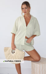 Saina Two Piece Set - Button Through Shirt and Drawstring Shorts Set in Sage