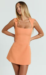 Sakura Mini Dress - Square Neck Wide Strap A Line Skirt Dress in Orange