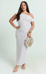 Sally Maxi Dress - Stretch Lace Twist Off Shoulder Dress in White