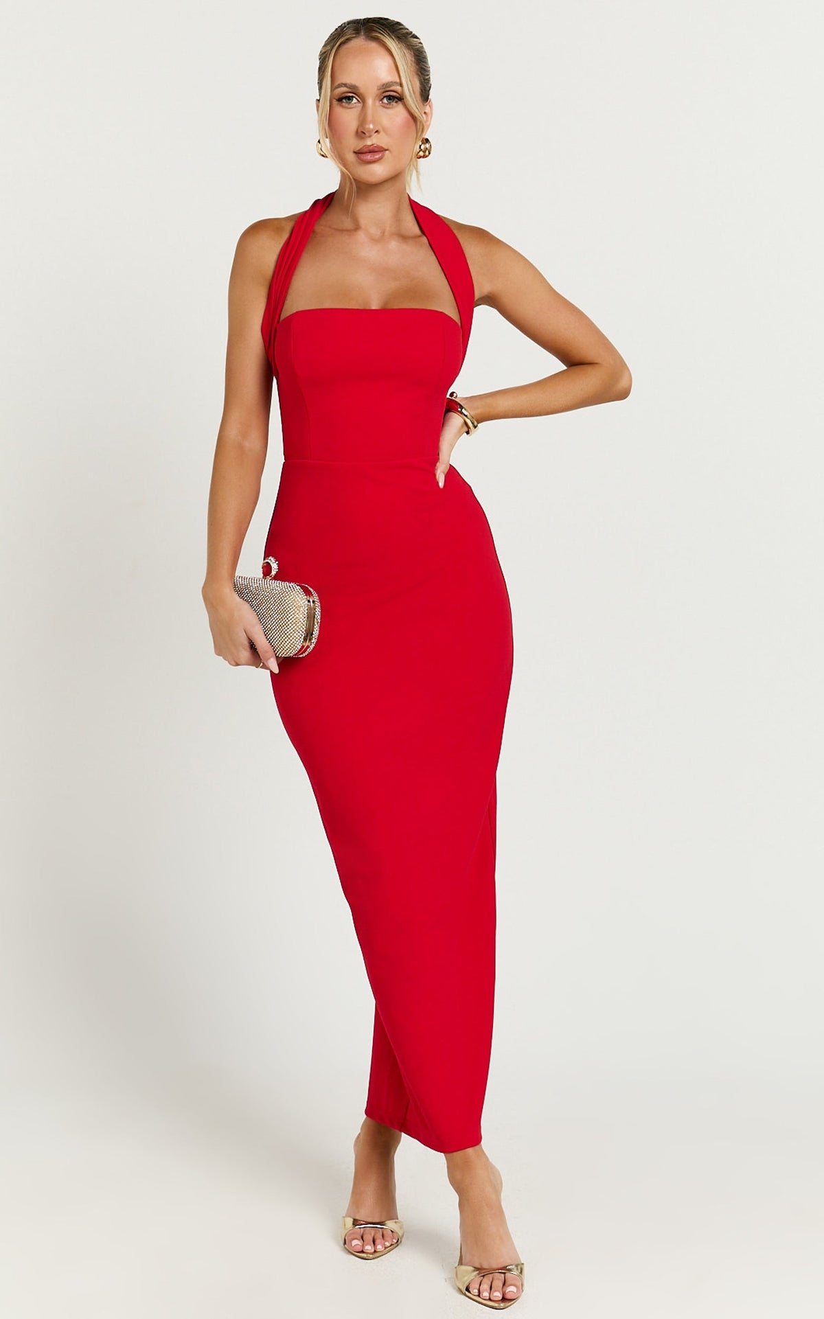 Salome Midi Dress - Halter Neck Column Dress in Red