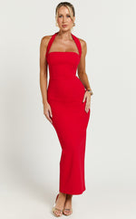 Salome Midi Dress - Halter Neck Column Dress in Red