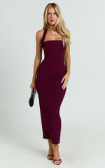 Salome Midi Dress - Halter Neck Column Dress in Wine