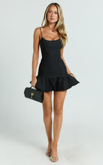 Sammie Mini Dress - Scoop Neck Hem Frill Fitted Dress in Black