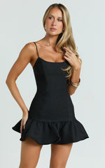 Sammie Mini Dress - Scoop Neck Hem Frill Fitted Dress in Black
