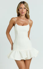 Sammie Mini Dress - Scoop Neck Hem Frill Fitted Dress in Off White
