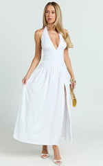 Sandy Maxi Dress - Halter Plunge Fit And Flare Dress in White