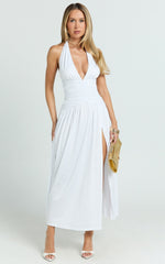 Sandy Maxi Dress - Halter Plunge Fit And Flare Dress in White