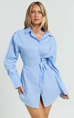 Sanya Mini Dress - Cinched Waist Stripe Dress in Blue