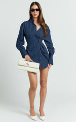 Sanya Mini Dress - Cinched Waist Stripe Dress in Navy Pinstripe