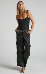 Saori Pants - Mid Rise Satin Cargo Pants in Black