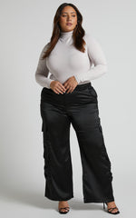 Saori Pants - Mid Rise Satin Cargo Pants in Black