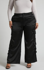 Saori Pants - Mid Rise Satin Cargo Pants in Black