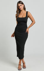 Sarina Midi Dress - Ribbed Scoop Neck Dress in Black