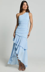 Sasha Midi Dress - One Shoulder Side Cut Out Asymmetrical Dress in Ice Blue