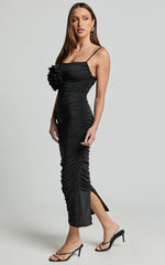 Scarlett Midi Dress - 3D Floral Corsage Ruched Bodycon Dress in Black