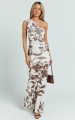 Schiffer Maxi Dress - One Shoulder Ruched Bodycon Dress in Neutral Floral Print