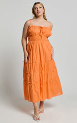 Schiffer Midi Dress - Strappy Ruched Tie Front Tiered Dress in Mandarin