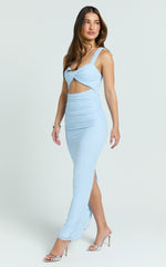 Selene Maxi Dress - Lace Front Twist Cut Out Bodycon Dress in Baby Blue