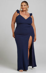 More Than This Maxi Dress - Ruffle Strap Thigh Split Dress in Navy