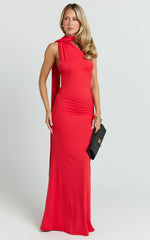 Seraphine Maxi Dress - Halter Neck Low Back Fit And Flare Dress in Red