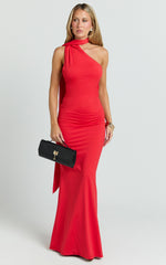 Seraphine Maxi Dress - Halter Neck Low Back Fit And Flare Dress in Red