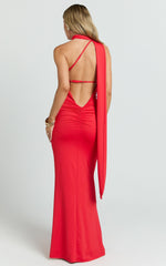 Seraphine Maxi Dress - Halter Neck Low Back Fit And Flare Dress in Red