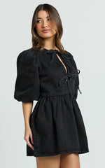 Shailene Mini Dress - Tie Front Puff Sleeve Recycled Denim Dress in Black Wash Panel