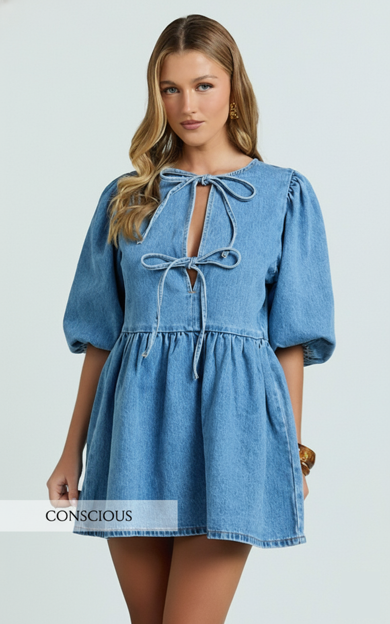 Shailene Mini Dress - Tie Front Puff Sleeve Recycled Denim Dress in Mid Blue Wash