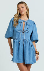Shailene Mini Dress - Tie Front Puff Sleeve Recycled Denim Dress in Mid Blue Wash