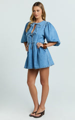 Shailene Mini Dress - Tie Front Puff Sleeve Recycled Denim Dress in Mid Blue Wash